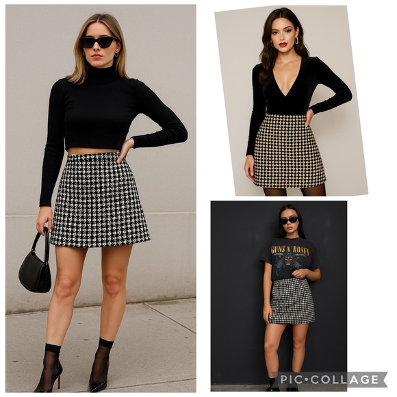 🖤 Black & White Mini Skirt – Textured Geometric/Houndstooth Pattern 🖤 - Picture 1 of 10